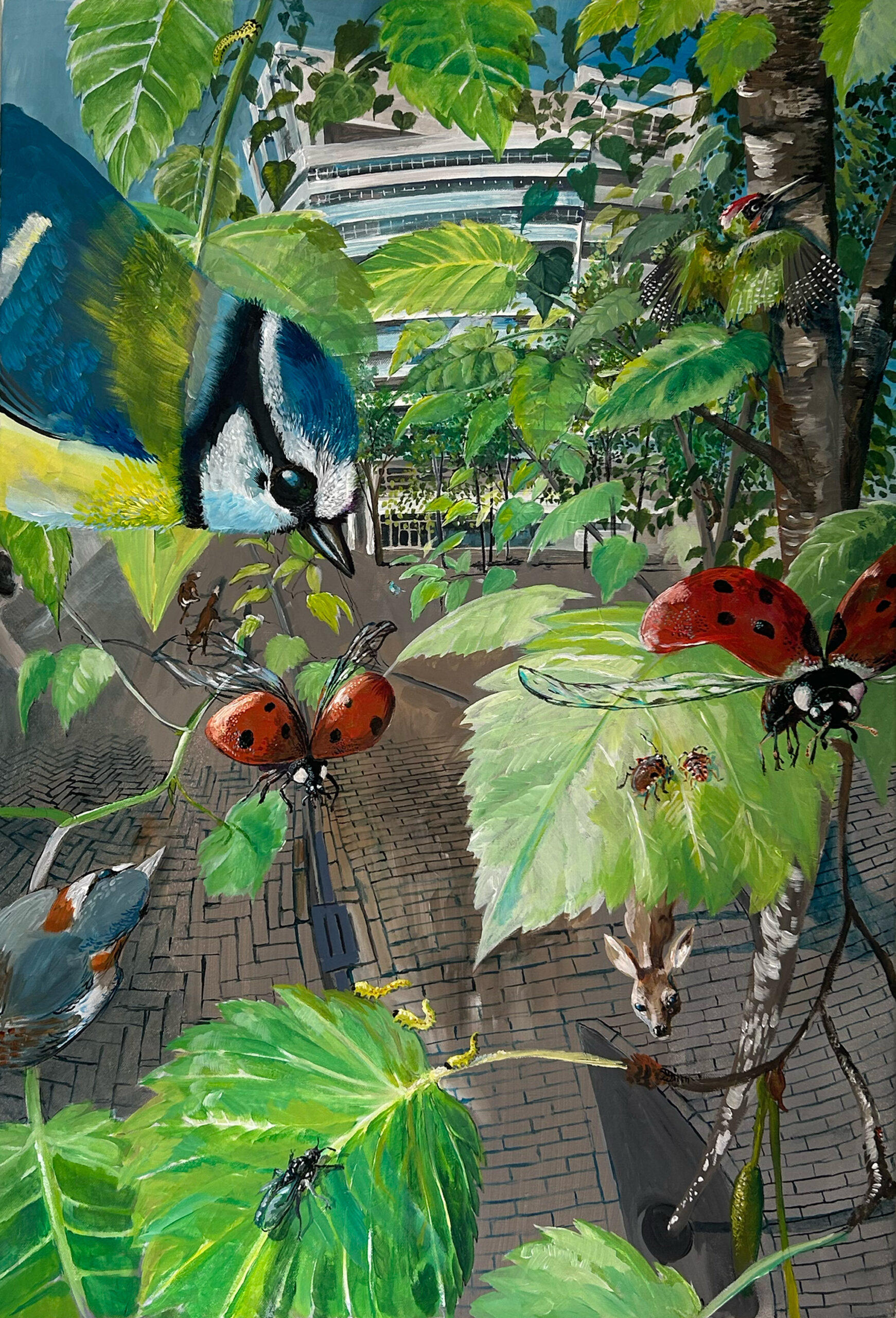 Schilderij van het Haags gemeentehuis met allerlei dieren