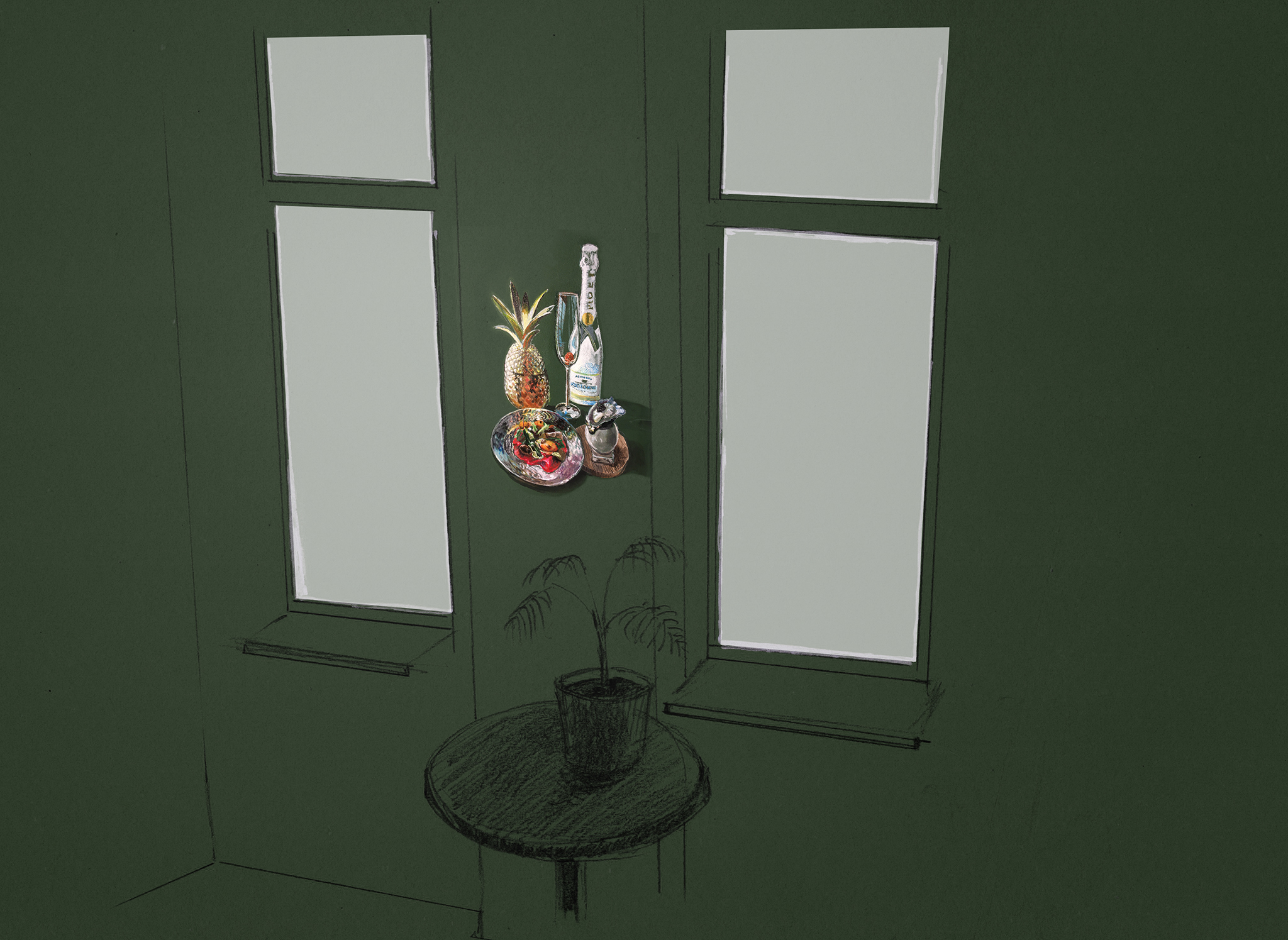 schets van het interieur met de muurschildering